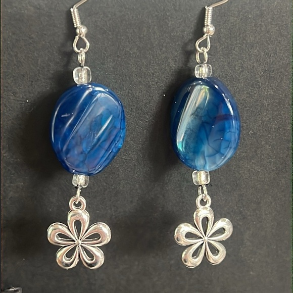 Blue Crackle Quartz and Silver Flower Drop Earrings - Picture 2 of 6